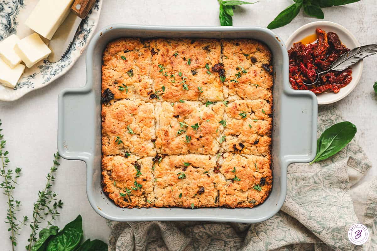 Overhead view of Marry Me butter swim biscuits in a baking dish.