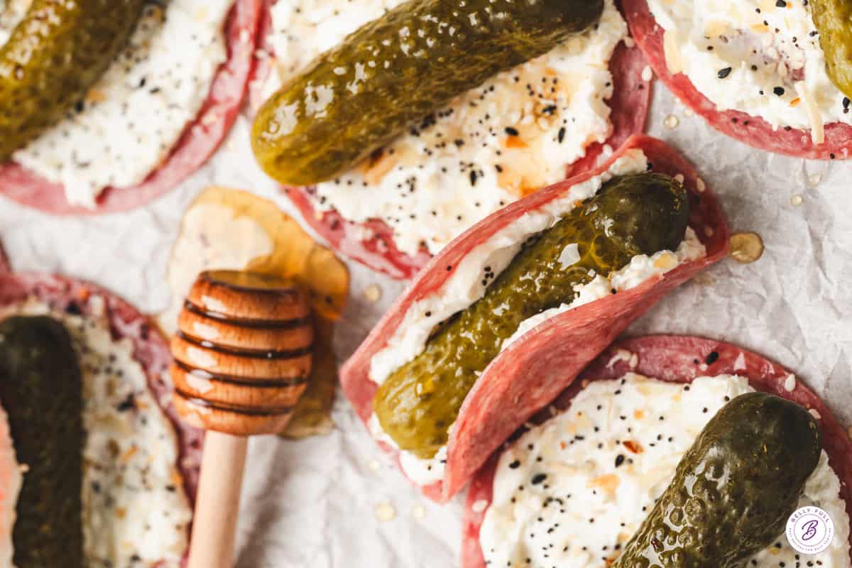 Overhead close up of mini pickle salami tacos.