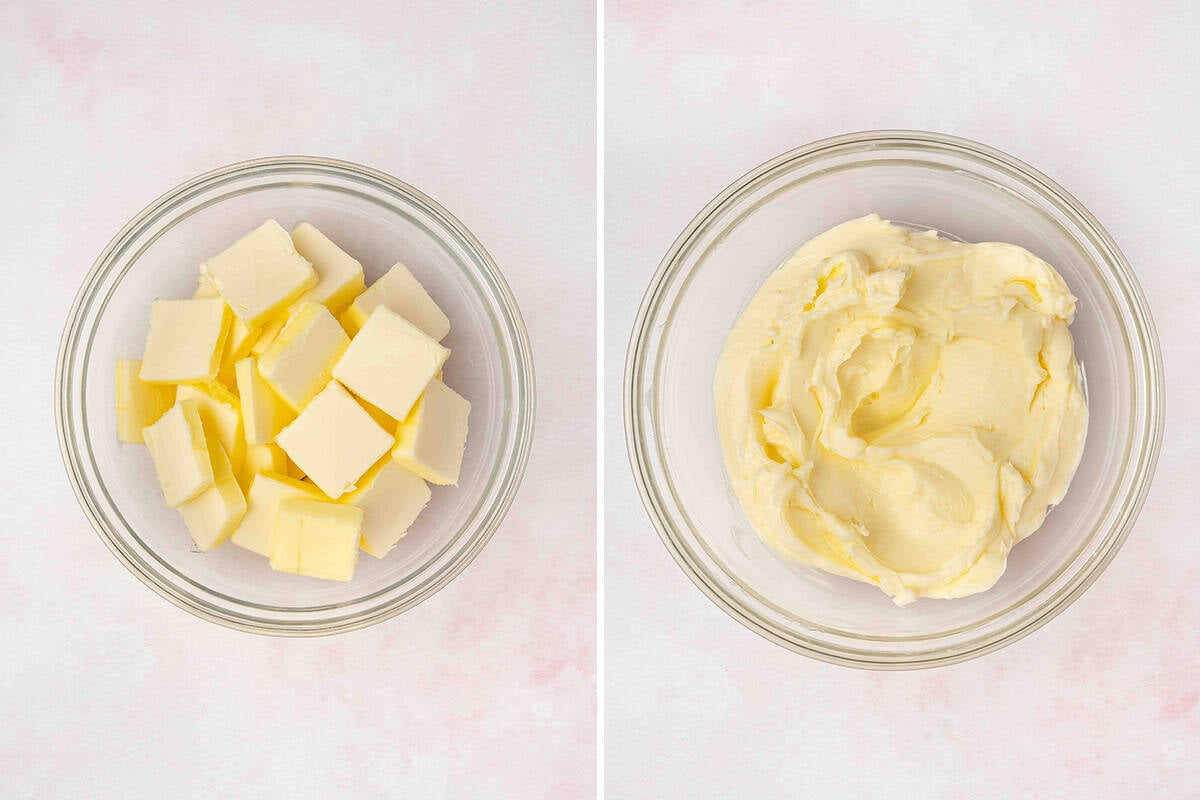 Cubed butter in a bowl, followed by the butter creamed.