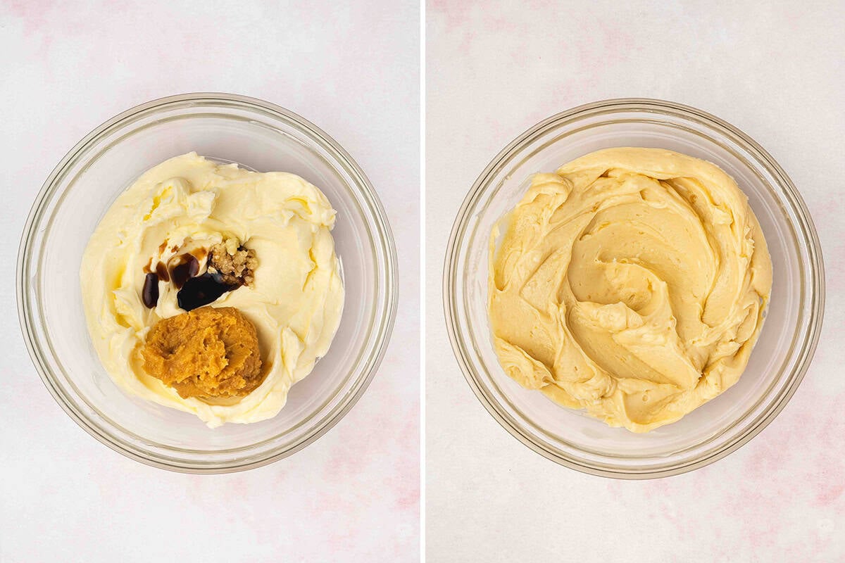 Minced garlic, miso paste and soy sauce added to a bowl of softened butter, followed by everything mixed together in a bowl.