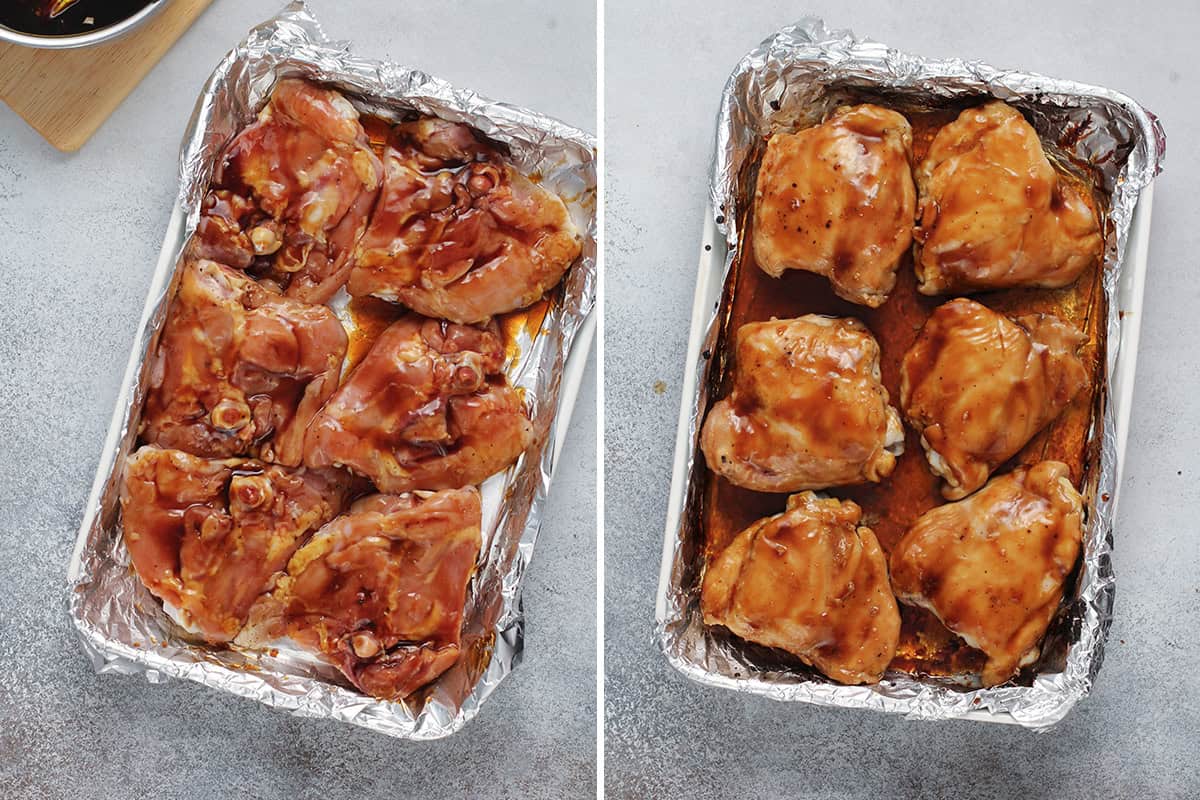 Side-by-side photos showing raw chicken thighs coated in teriyaki sauce in a foil-lined baking dish, then the same chicken thighs after baking with a lighter golden-brown glaze.