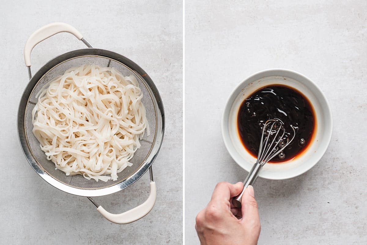 Side by side photos showing rinsed rice noodles draining in a colander and a hand whisking dark soy sauce, oyster sauce, and fish sauce together in a white bowl.