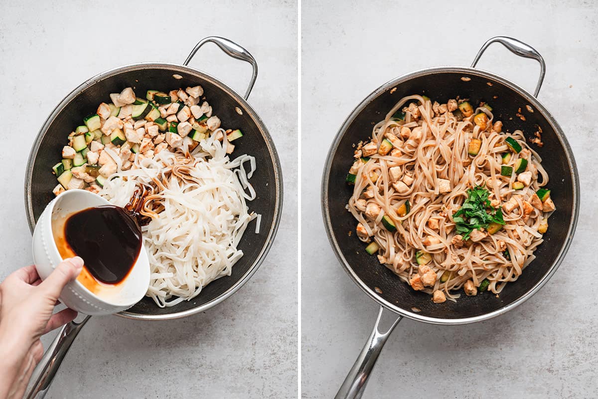 Side by side photos showing the sauce being poured over rice noodles, chicken, and zucchini in a wok, then everything tossed together and coated in sauce.
