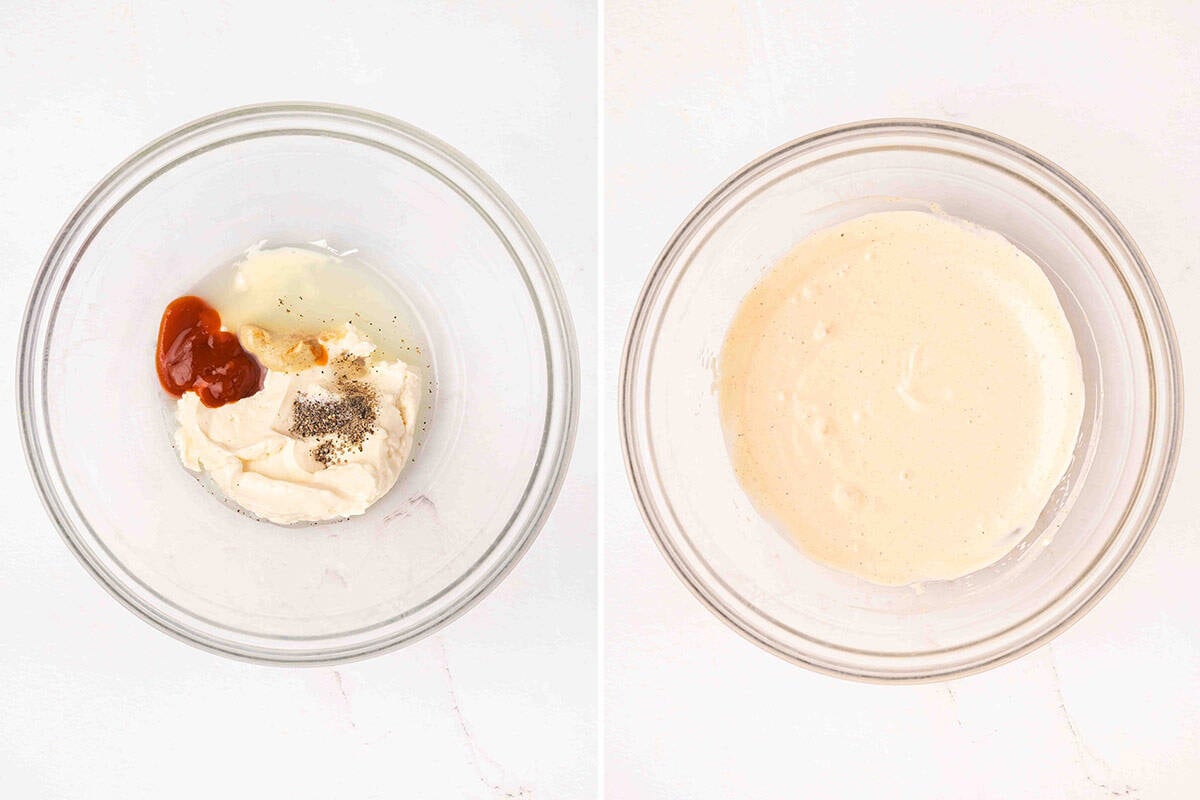 Mayonnaise, dijon, sriracha and seasonings in a bowl.