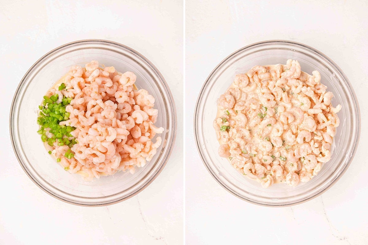 Small cooked shrimp and diced celery added to a bowl of mayo-based dressing.