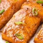 Front close up view of brown sugar glazed salmon.