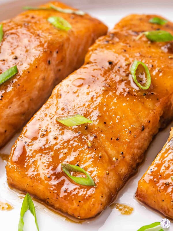 Front close up view of brown sugar glazed salmon.