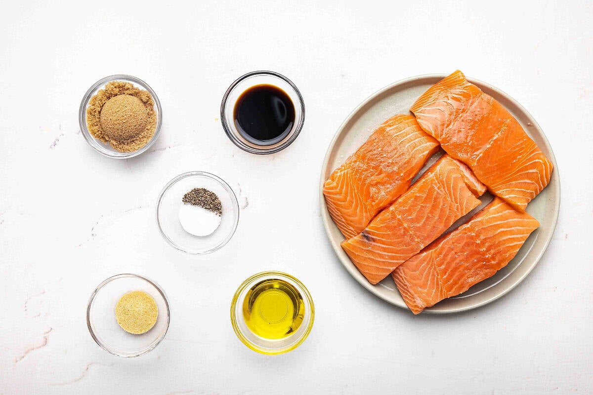 The ingredients to make brown sugar glazed salmon.