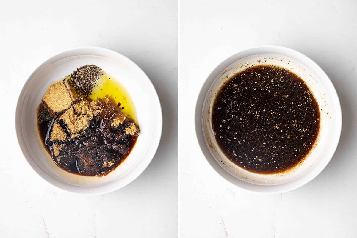 Olive oil, garlic powder, salt, black pepper, soy sauce and brown sugar in a bowl, followed by those ingredients combined to make a glaze for salmon.