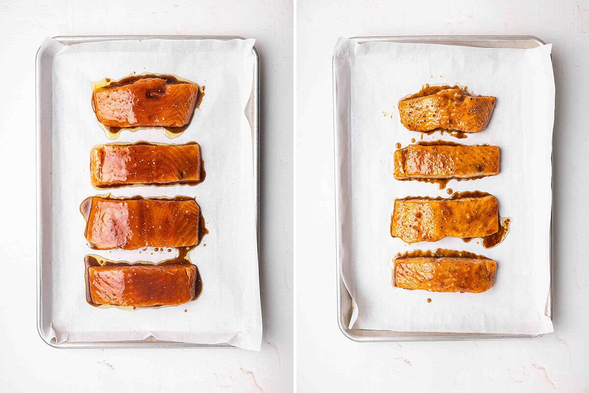 Brown sugar glazed salmon on a baking sheet before and after baking.