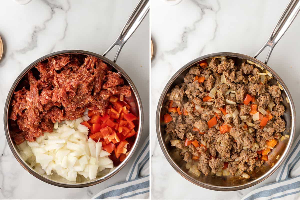 Raw sausage, onion, and red bell pepper in a skillet, next to the same mixture browned and cooked