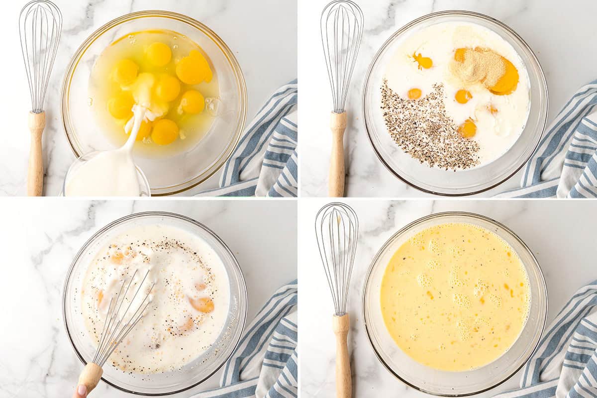 Four photos of the egg mixture for tater tot breakfast casserole, from raw eggs and milk to fully whisked and frothy
