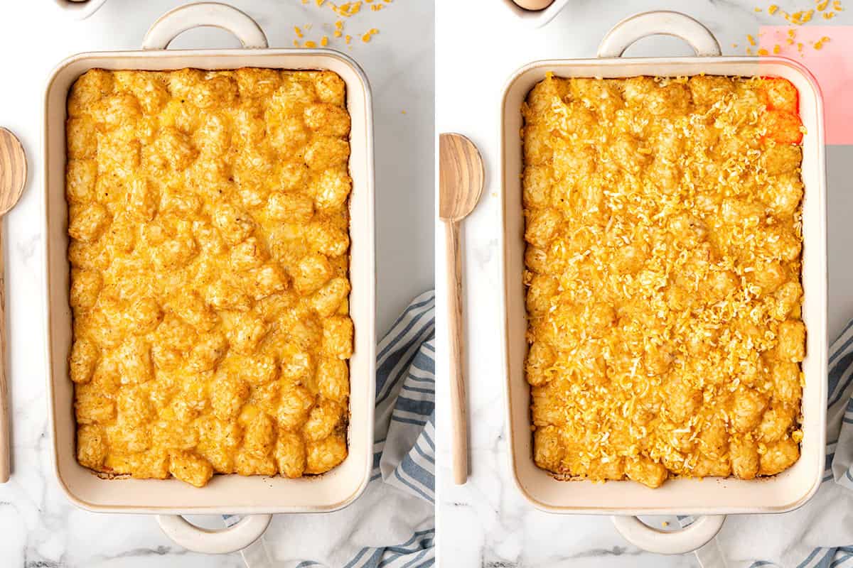 Tater tot breakfast casserole before and after the second bake, showing the tater tots turning deep golden brown with melted cheese.